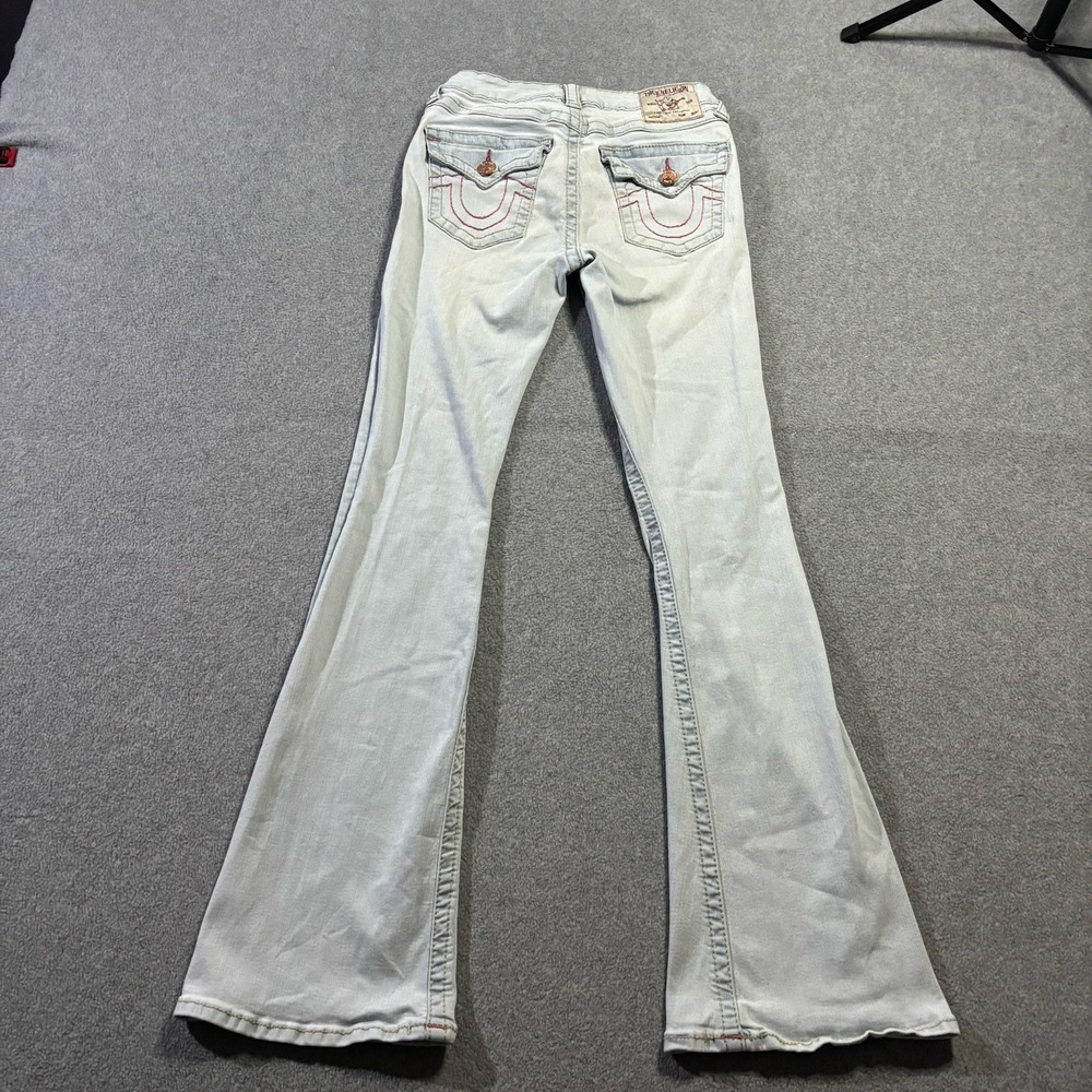 True Religion Joey Flare Jeans Women 27 Light Blue Y2K Red Stitch Denim Flare